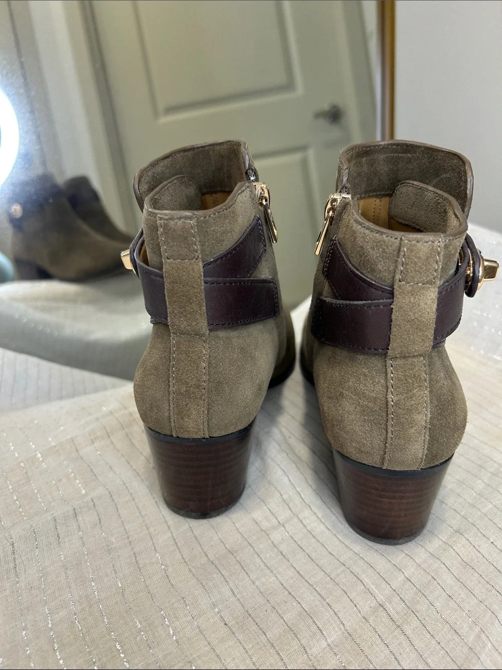 Coach Patricia Suede Ankle Booties – Fatigue Green / Chestnut